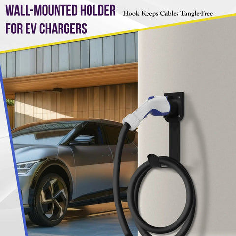 J1772 EV Charger Holder Wall Mount Heavy Duty Steel Cable Organizer Storage Hook for tangle-free cable management indoors or outdoors.