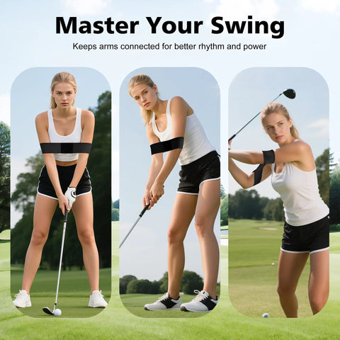 Women demonstrating Two Pack Golf Swing Training Aid Arm Bands for Muscle Memory and Body Connection on golf course.