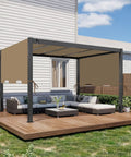Waterproof Premium Pergola Shade Cover 85x208 Inches for 17x7.4 Ft Outdoor Pergolas, flat top style, installed on patio, khaki color.