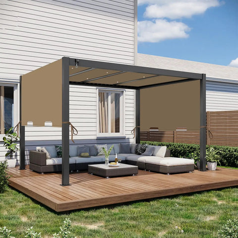 Waterproof Premium Pergola Shade Cover 85x208 Inches for 17x7.4 Ft Outdoor Pergolas, flat top style, installed on patio, khaki color.