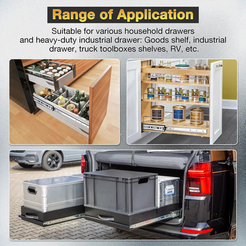 Heavy Duty Full Extension Drawer Slides Side Mount Rails 12 to 40 Inch 150 lb per pair in kitchen and truck storage application