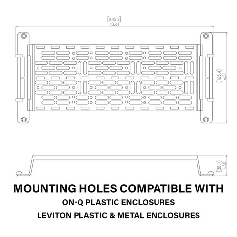 Five Inch Universal Mounting Plate With 1.5 Inch Elevation For Routers Modems And Network Hubs Inside Structured Wiring Panels White dimensions illustration.