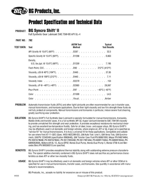 Front page of BG Syncro Shift II data sheet; part 792, synthetic gear lubricant for manual transmissions and transaxle.