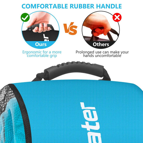 Comparison of comfortable rubber handles on blue storage bag for Color Coded RV Storage Bags Set Of 4 Waterproof Hose And Accessory Organizer Pouches For Sewer Hose Fresh Water Hose Black Water Hose And Power Cords Drawstring Closure Grab And Go Ready.