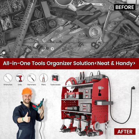 Power Tool Wall Mount Organizer With Charging Station, Heavy Duty 5-Layer Metal Garage Tool Rack in use, Before and After comparison