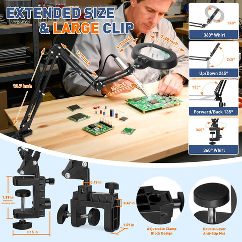 12X Magnifying Glass With Light For Craft, Workbench And Repair, Extra Long Arm Clamp Lamp in use on workbench with circuit board