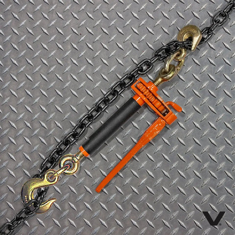 Heavy Duty Ratchet Load Binders Two Pack With Fold Down Safety Handles, black chain, orange ratchet, securing cargo.