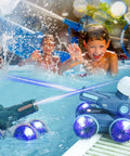 Kids playing in pool with 3 In 1 Amphibious RC Car Boat And Water Gun Set For Land And Water Play Adjustable Speed Waterproof Easy To Use