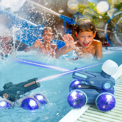 Kids playing in pool with 3 In 1 Amphibious RC Car Boat And Water Gun Set For Land And Water Play Adjustable Speed Waterproof Easy To Use