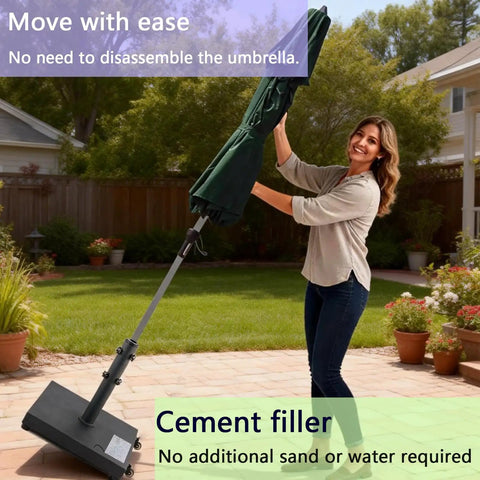 Woman adjusting umbrella with 45lbs Beefy Heavy Duty Outdoor Umbrella Base For 1.2 To 2.2 Inch Poles on patio