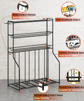 4 Bike Stand Slick Garage Organizer With 3 Tier Storage Rack for Indoor Bike Storage, showing adjustable slots and storage baskets.