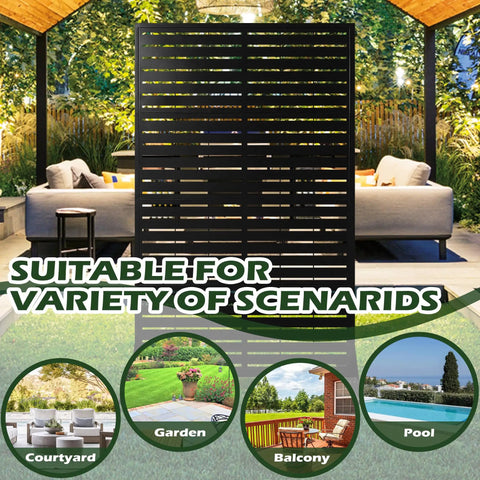 Metal Privacy Screen With Stand 72 By 44 Inches Freestanding Outdoor Privacy Panels placed in a patio setting.