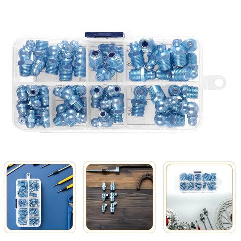 Top Rated 100 Piece Grease Fitting Assortment Kit With Blue Zinc Plated Zerk Nipples For Angled Hydraulic Port Lubrication In Tough Workshop Jobs To Keep Your Machinery Running Smooth And Avoid Downtime, blue zinc fittings in case