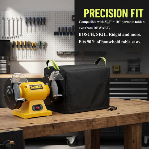 Badass Heavy Duty Bench Grinder Cover Waterproof 600D Polyurethane Dust Protector For 6 To 8 Inch Workbench Motors on a wooden table.