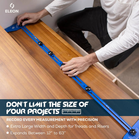 Rock Solid Extra Large Stair Tread Template Tool 63 Inch Aluminum Measuring Jig shown measuring on wooden surface.
