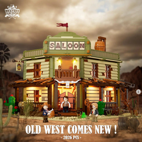 Old West Saloon LED Light Building Block Set With 2026 Pieces For Adults And Teens Western Themed Construction Model Kit To Build The Classic Bar Scene And Light It Up., front view of lit Western saloon building block set with 3 minifigures and desert display