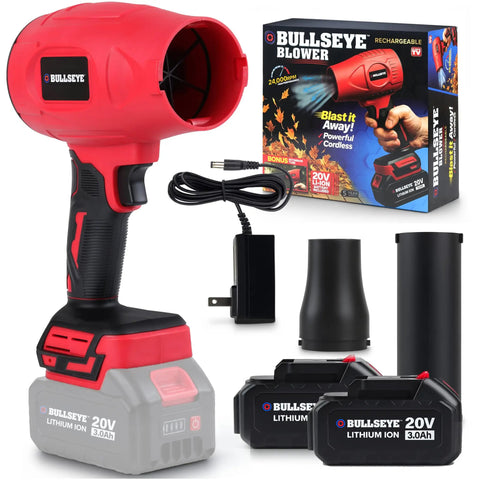 Powerful Cordless Leaf Blower Handheld Turbo Jet With Dual Batteries 20V 350W Power, accessories, and packaging