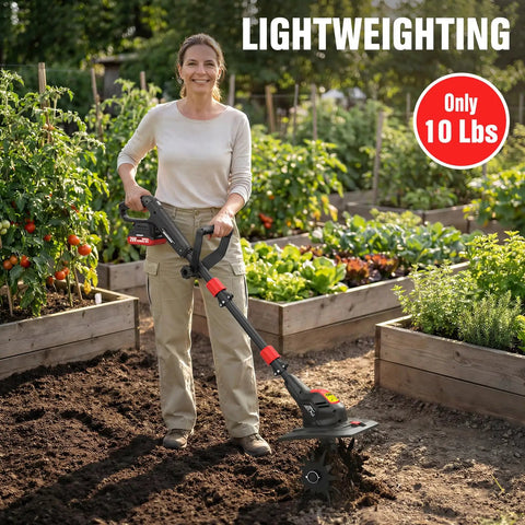 Person using Powerful 20V Cordless Tiller Cultivator With No Cord Hassle, Two 2Ah Batteries And Fast Charger in a garden
