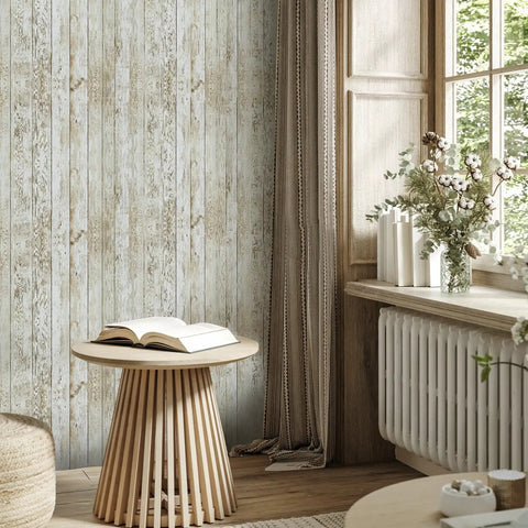Room with Peel And Stick Dope Wood Wallpaper Realistic Grain Shiplap Look Self Adhesive And Removable For Walls And Furniture Renovation.