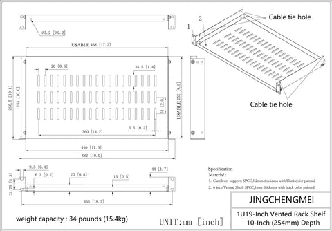 Rock Solid 1U Vented Cantilever Server Rack Shelf 10 Inch Deep For 19 Inch Cabinets detailed dimensions and specifications.