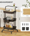 Three Tier Rolling Utility Cart With Cover Top And Wheels For Office Kitchen Bathroom On The Go Storage Cart Includes Three Baskets Six Hooks Three Cups And A Lid Top For Laptop Coffee Crafts And More Black with dimensions and accessories.