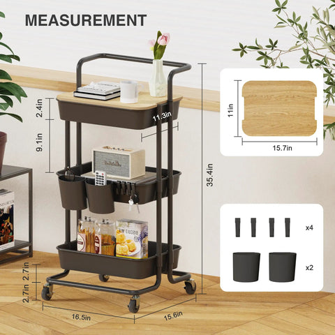 Three Tier Rolling Utility Cart With Cover Top And Wheels For Office Kitchen Bathroom On The Go Storage Cart Includes Three Baskets Six Hooks Three Cups And A Lid Top For Laptop Coffee Crafts And More Black with dimensions and accessories.