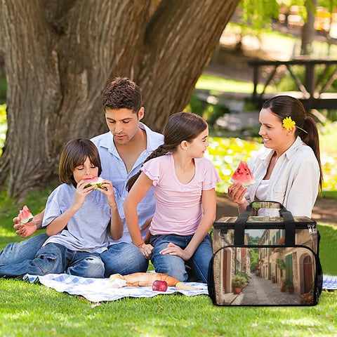 Family enjoying a picnic with Insulated Picnic Backpack Tote Bag 30L Large Capacity Italy Street Cooler Bag in a park setting