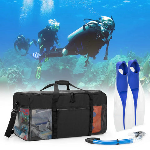 Diving gear with Extra Large Mesh Dive Duffel Bag For Scuba Gear And Beach Essentials, fins, snorkel set, and underwater scene.