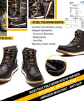 Waterproof Steel Toe Work Boots For Men 6 Inch Leather Moc Toe Non Slip Construction Safety Boots Size 14 Dark Brown Durable Boots With Kevlar Midsole And Protection For Tough Jobs, front and side views displayed with safety features highlighted.