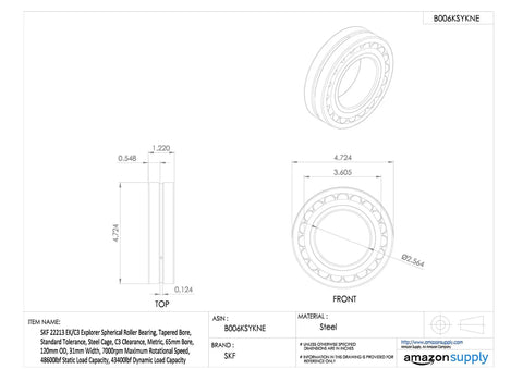 Technical drawing of Heavy Duty Workhorse Spherical Roller Bearing 22213 C3 Clearance Tapered Bore with pressed steel cage.