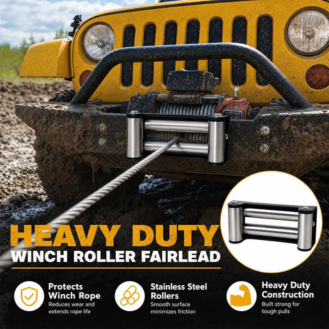 10 Inch 4 Way Roller Fairlead Heavy Duty Winch Cable Guide For Wire Rope 8000 To 17500 Lb Winches Rugged Tough As Nails Universal Fit For ATV UTV SUV Truck F150 And More Today, stainless steel rollers on a muddy off-road winch
