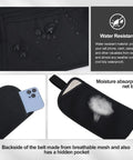 Hidden Travel Money Belt Wallet With RFID Blocking Slim Passport Holder showing water resistance and breathable mesh pocket, black.