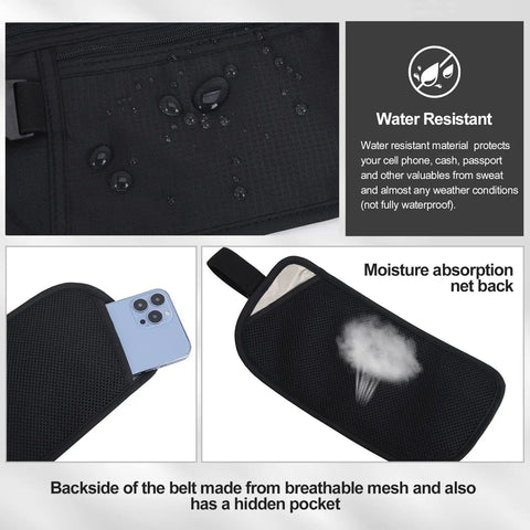Hidden Travel Money Belt Wallet With RFID Blocking Slim Passport Holder showing water resistance and breathable mesh pocket, black.