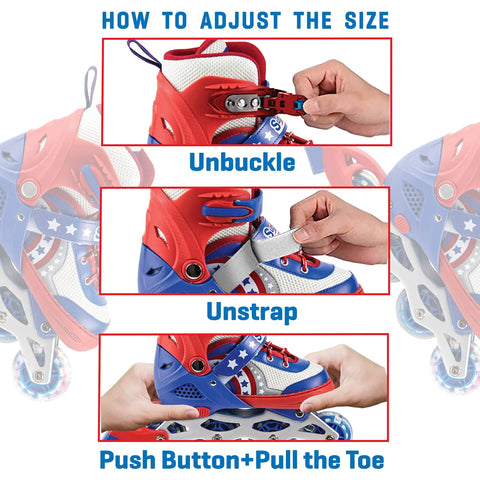 How to adjust size for LED Light Up Inline Skates For Kids With Three Adjustable Sizes: unbuckle, unstrap, push button, pull toe.