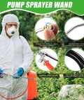Person using pump sprayer, showing All Metal Sprayer Wand Replacement 24 Inch With Built In Shut Valve Stainless Steel Spray Wand