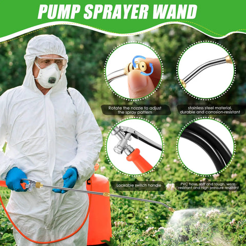 Person using pump sprayer, showing All Metal Sprayer Wand Replacement 24 Inch With Built In Shut Valve Stainless Steel Spray Wand