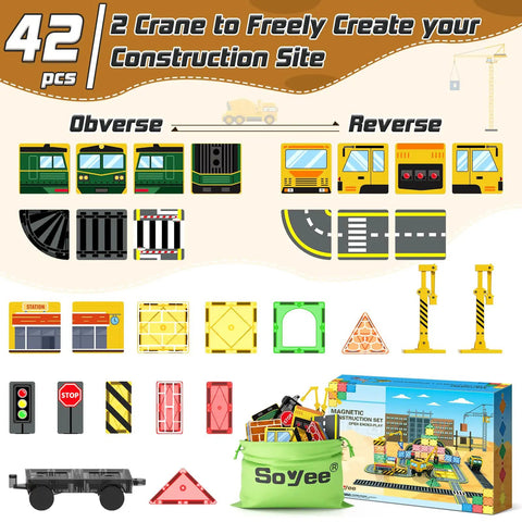 Magnetic Tiles Construction Set with Two Cranes STEM Building Blocks for Ages 3-7 Kid Friendly Rail Yard Rescue Theme