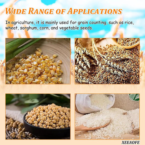 Image showcasing various grains like corn, wheat, and rice, highlighting the XeeaoFe Automatic Seed Counting Machine For Rice, Corn, Soybean & Wheat.