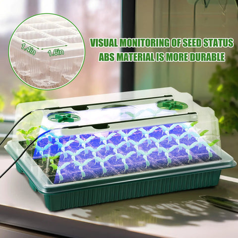 4 Pack Seed Starter Tray With Grow Light, 80 Cell Indoor Greenhouse Seed Starting Kit, shown with humidity dome and LED lights.