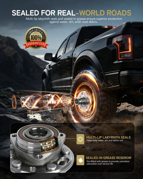 Front And Rear Wheel Hub And Bearing Assembly Pair For Chevy Equinox, GMC Terrain, Malibu, And Impala 5 Lug - Replaces OE 13504970 And 13589507 (513288) Compatible With 2010-2017 Equinox, 2013-2015 Malibu, 2014-2017 Impala shown with durability features.