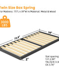 Twin Size Sag Proof Box Spring With Smooth Wooden Slats And Soft Rounded Corners Boasts Heavy Duty Steel Braces That Crush Up To Three Thousand Pounds A Rock Solid Core That Keeps Everything Snug dimensions and material details