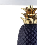 Navy Blue And Gold Pineapple Ceramic Table Lamp For Bedroom Decor With White Linen Drum Shade And LED Bulb Modern Whimsical Bedside Nightstand Light Includes Energy Saving LED Bulb Dope Vibe