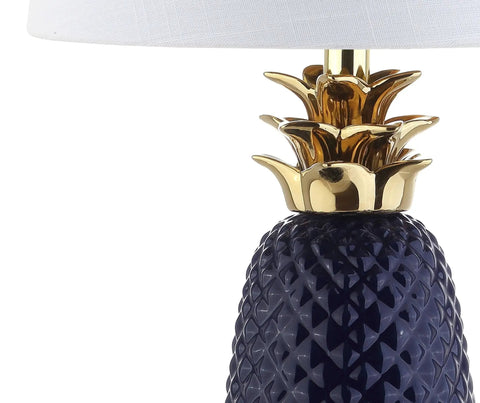 Navy Blue And Gold Pineapple Ceramic Table Lamp For Bedroom Decor With White Linen Drum Shade And LED Bulb Modern Whimsical Bedside Nightstand Light Includes Energy Saving LED Bulb Dope Vibe