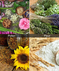 Four-part image showing various flowers, herbs, pollen with sunflower, and flour with wheat on a rustic wooden surface.
