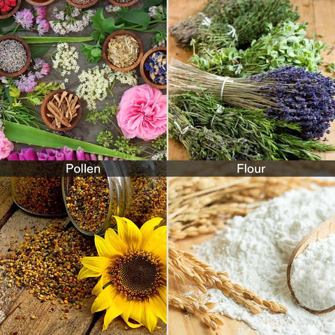 Four-part image showing various flowers, herbs, pollen with sunflower, and flour with wheat on a rustic wooden surface.