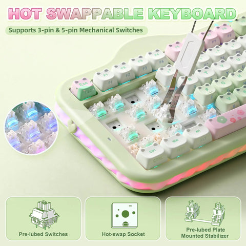 Butter Smooth Milk Switch Wireless Mechanical Keyboard With 98 Key Layout And Full Number Pad Featuring Totally Fire Cake Theme Vibe And Vibrant Dye Sub Keycaps showing hot swappable mechanical switches and vibrant keycaps.