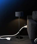 3 Foot White Extension Cord With 360 Degree Rotating Flat Plug behind couch, connecting lamp, space saving power cable