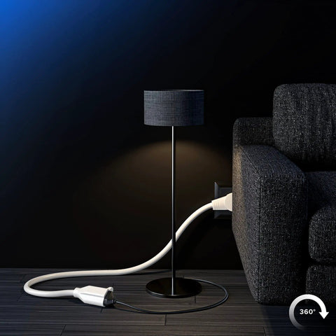 3 Foot White Extension Cord With 360 Degree Rotating Flat Plug behind couch, connecting lamp, space saving power cable