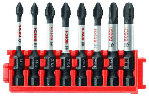 Eight Piece 2 Inch Impact Tough Phillips Power Bits Set With Clip For Custom Case Rig That Delivers Ten Times Life Vs Standard Bits Xtended Torsion Zone Absorbs Big Torque Tilt In Tilt Out Case Accessory For Easy Swapping shown in red holder.