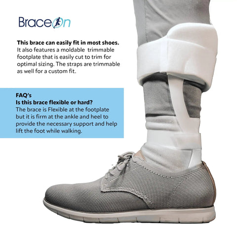 Drop Foot Stabilizer AFO Brace for Easy Confident Walking shown worn with grey shoe and padded calf strap